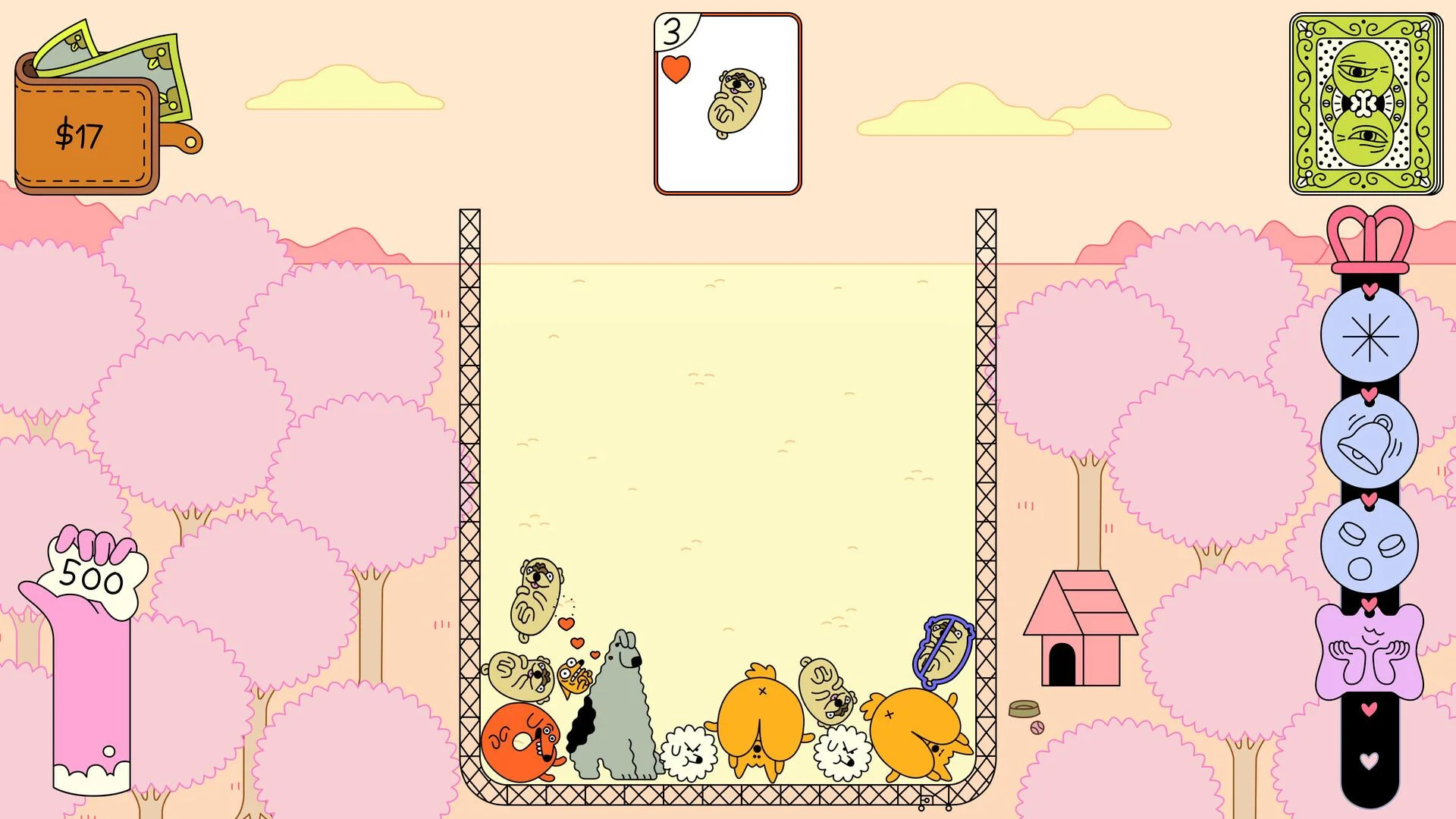 Pink blossom kennel: small pups at the fence, 3 of hearts pug card, wallet $17, pink collar charms