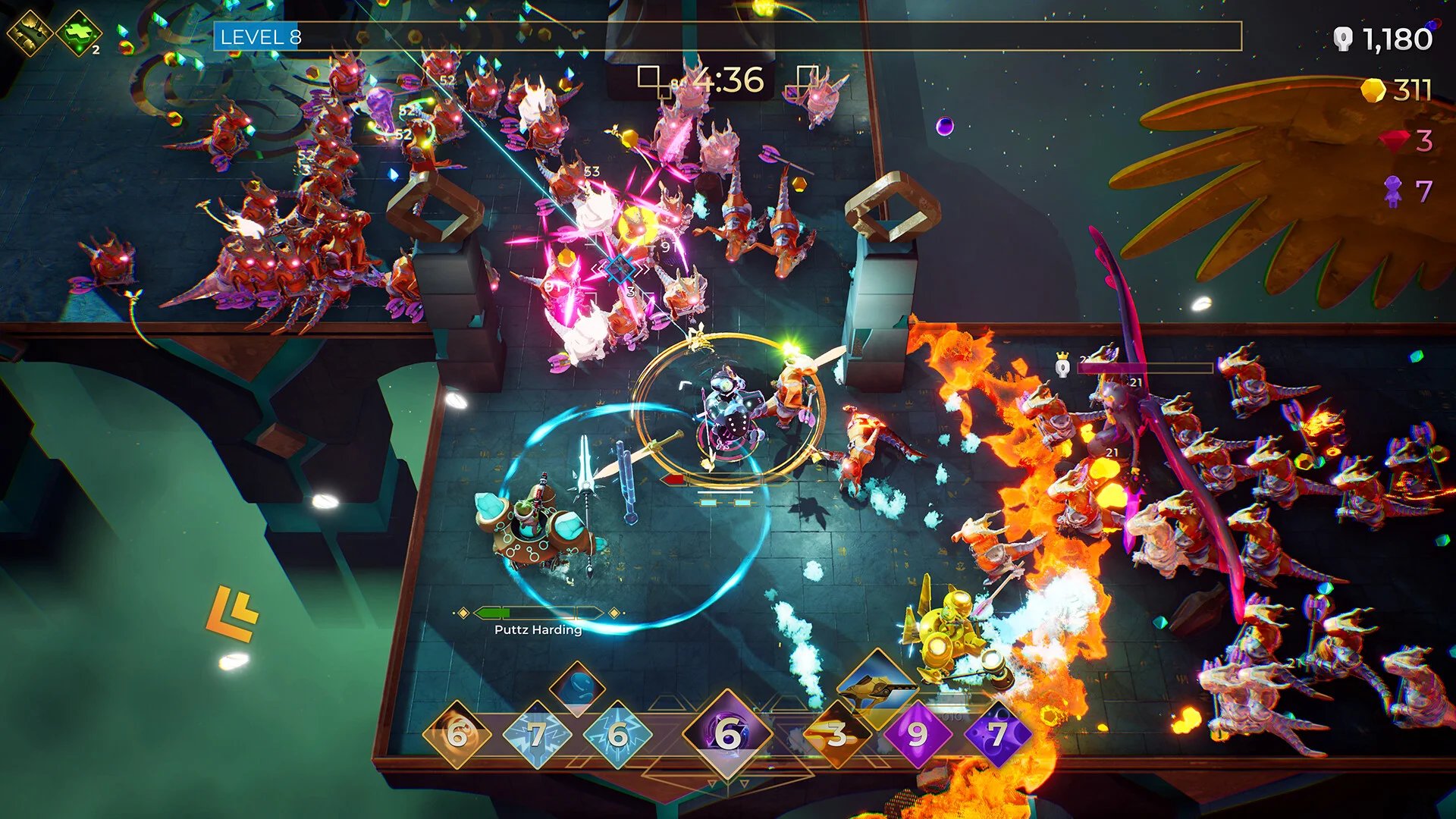 Level 8 rooftop: Puttz Harding vs red horned horde, timer 4:36, fire and pink bursts