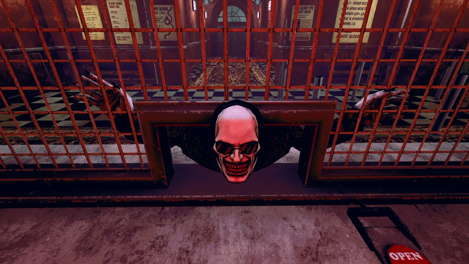 The Skin Stapler survivor hiding in a dark interior