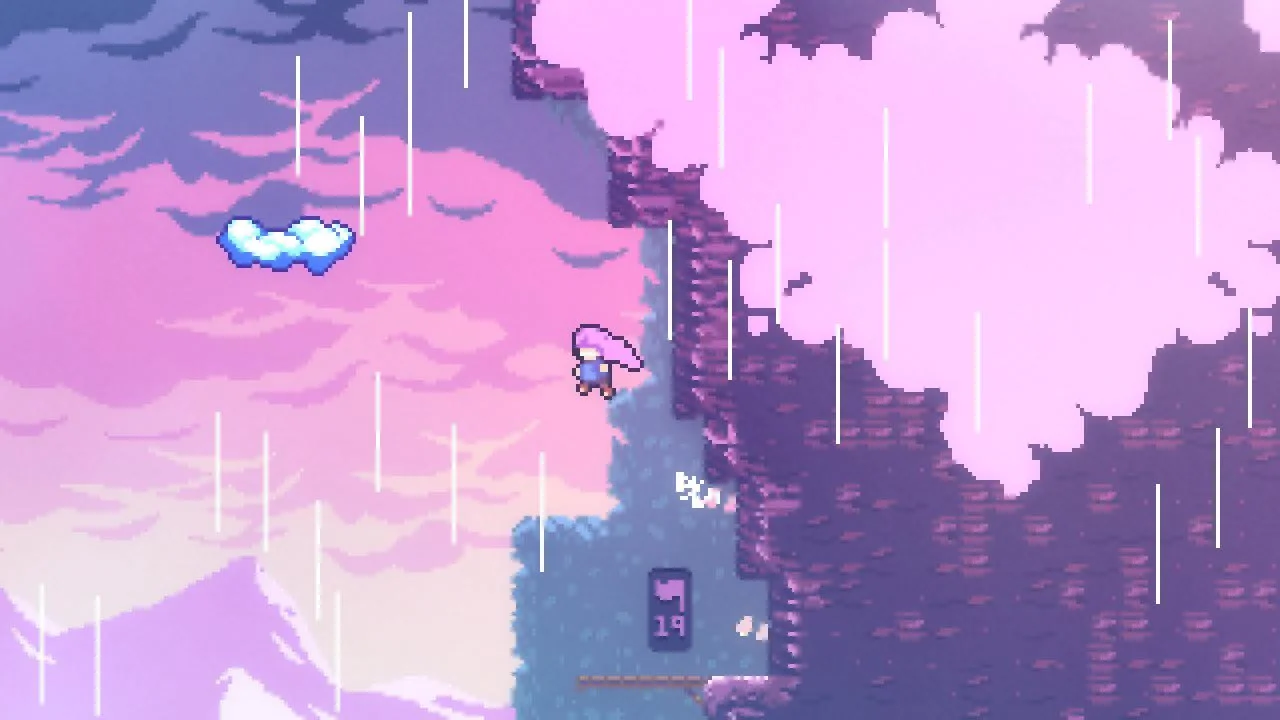 Pink rain cliff: climber in a blue coat, floating ice, strawberry counter 19