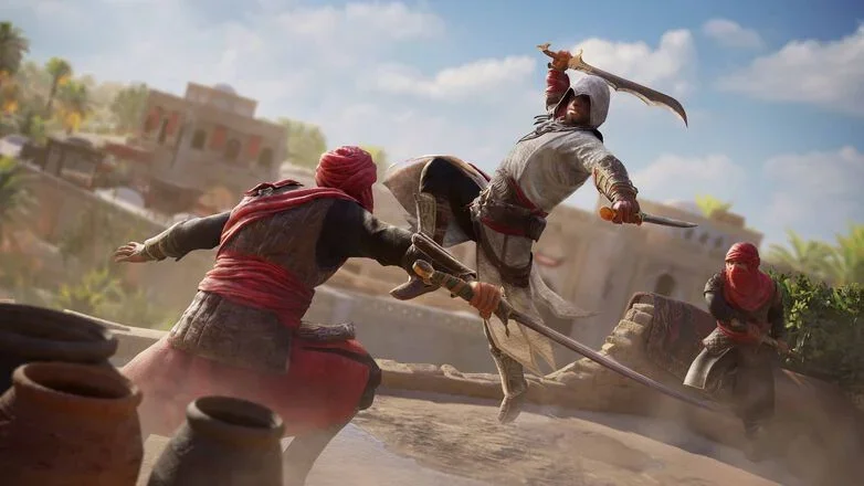 Basim in white leaping a kick at a swordsman in a red headscarf, another fighter closing in among clay jars