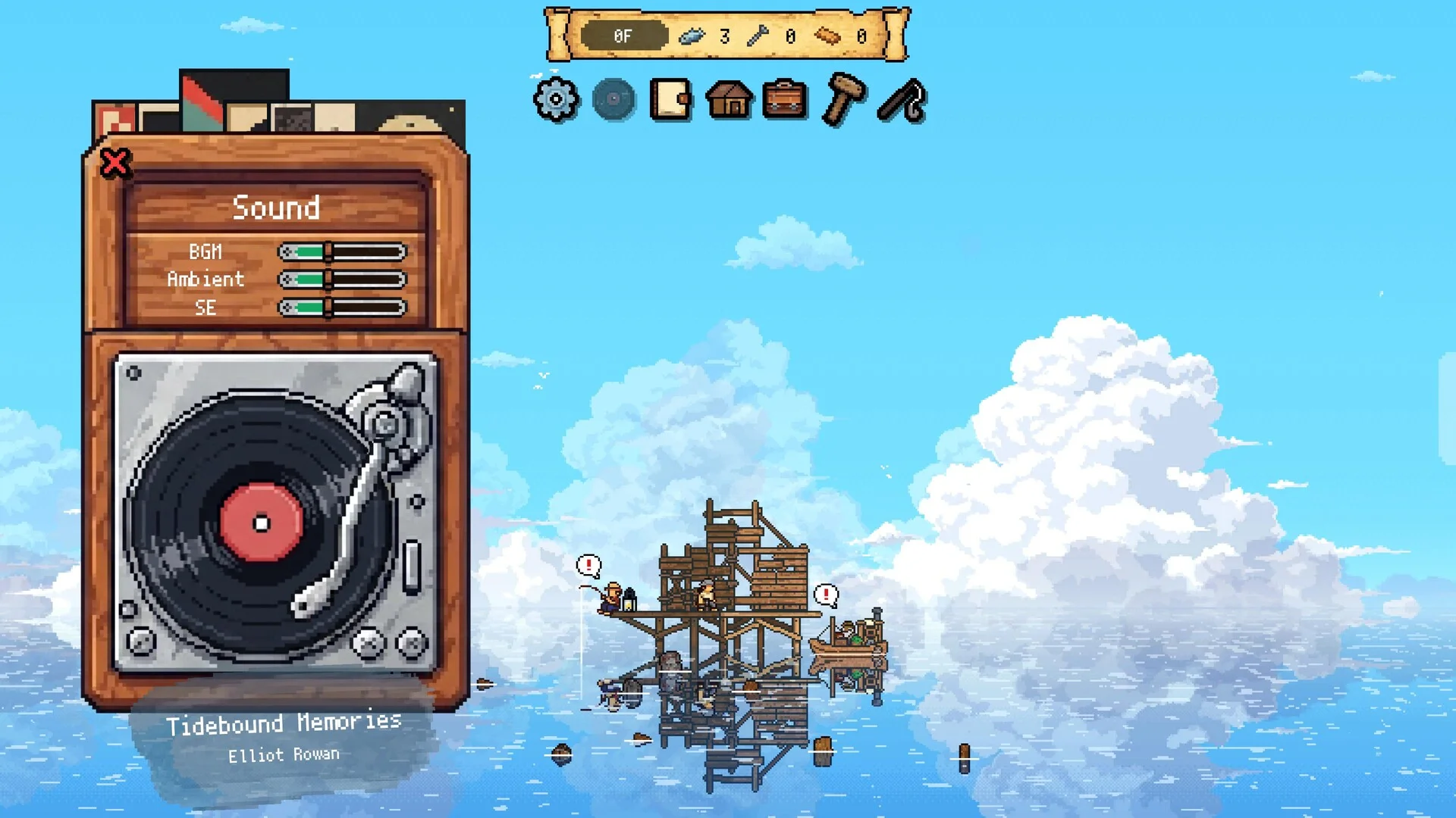 Drewniany gramofon Sound z suwakami BGM Ambient i SE, Tidebound Memories, mały dom na wodzie