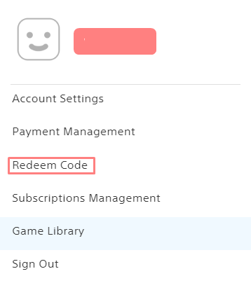PlayStation Redeem Code menu item