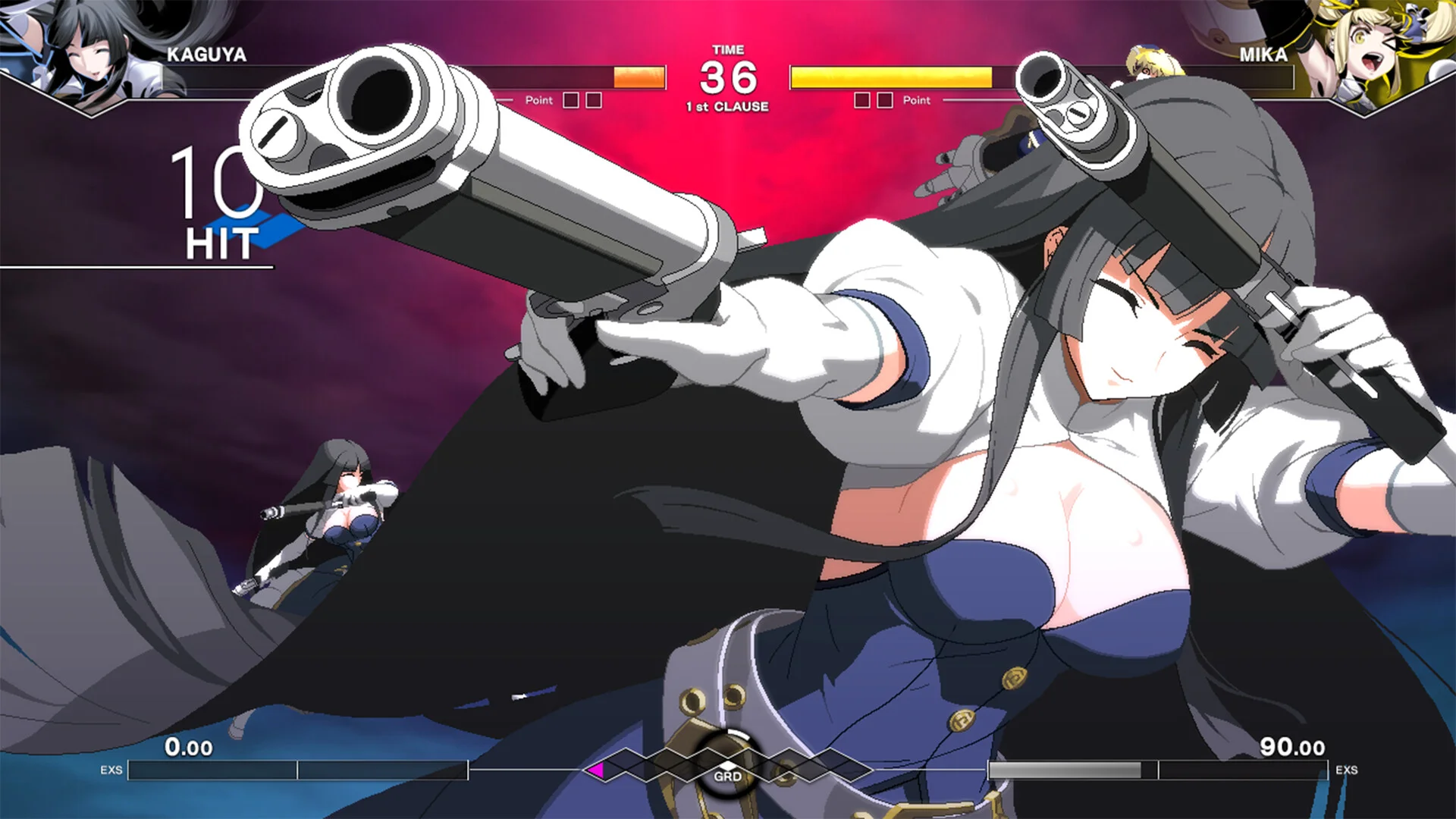 Kaguya vs Mika, 10 HIT, Kaguya close-up with two silver cannons, blonde Mika far right, TIME 36, EXS 0.00 versus 90.00