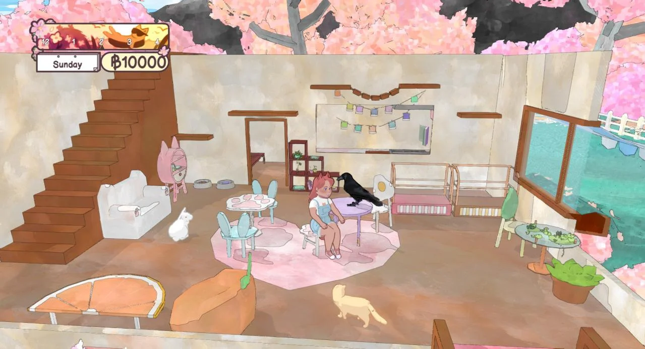 Pale cafe room, girl in a blue dress at a paw-print table, black raven on a chair, white rabbit and cream cat, Sunsday 100000