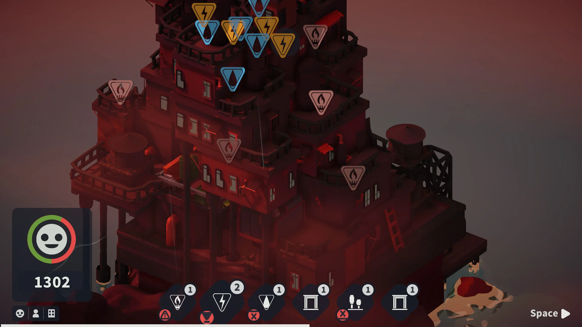 Red-lit tower covered in fire, water and lightning warning icons over the pile