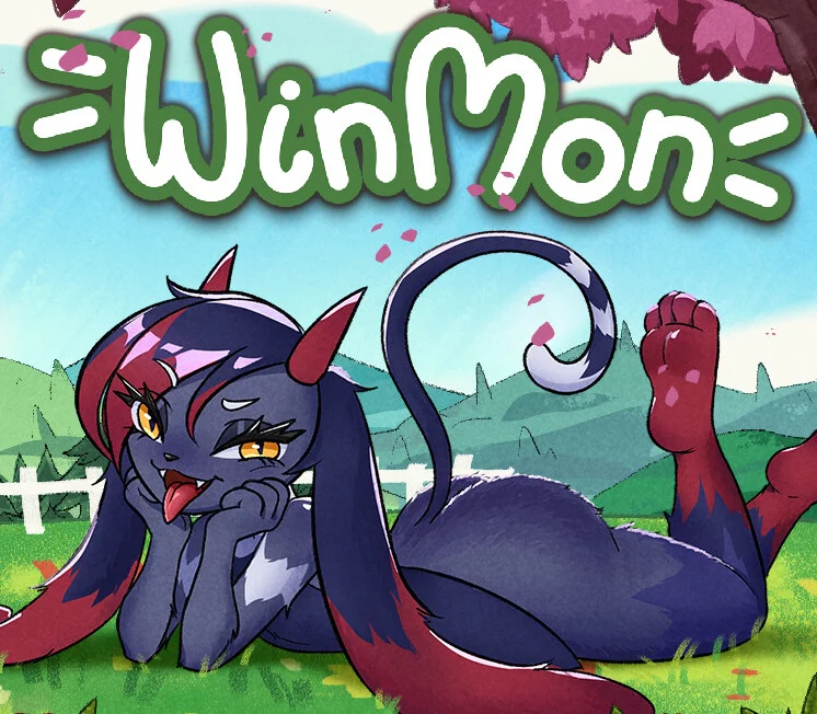 WinMon dark blue horned creature reclining in a bright green field beneath the game logo