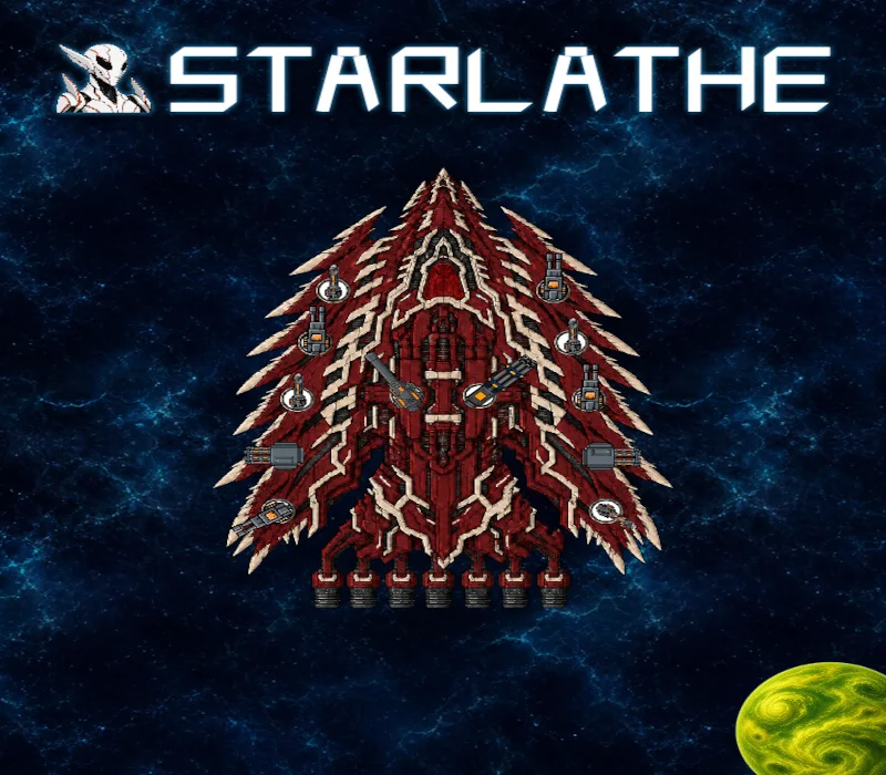 Duży czerwono-biały statek kosmiczny nad zieloną planetą pod logo Starlathe