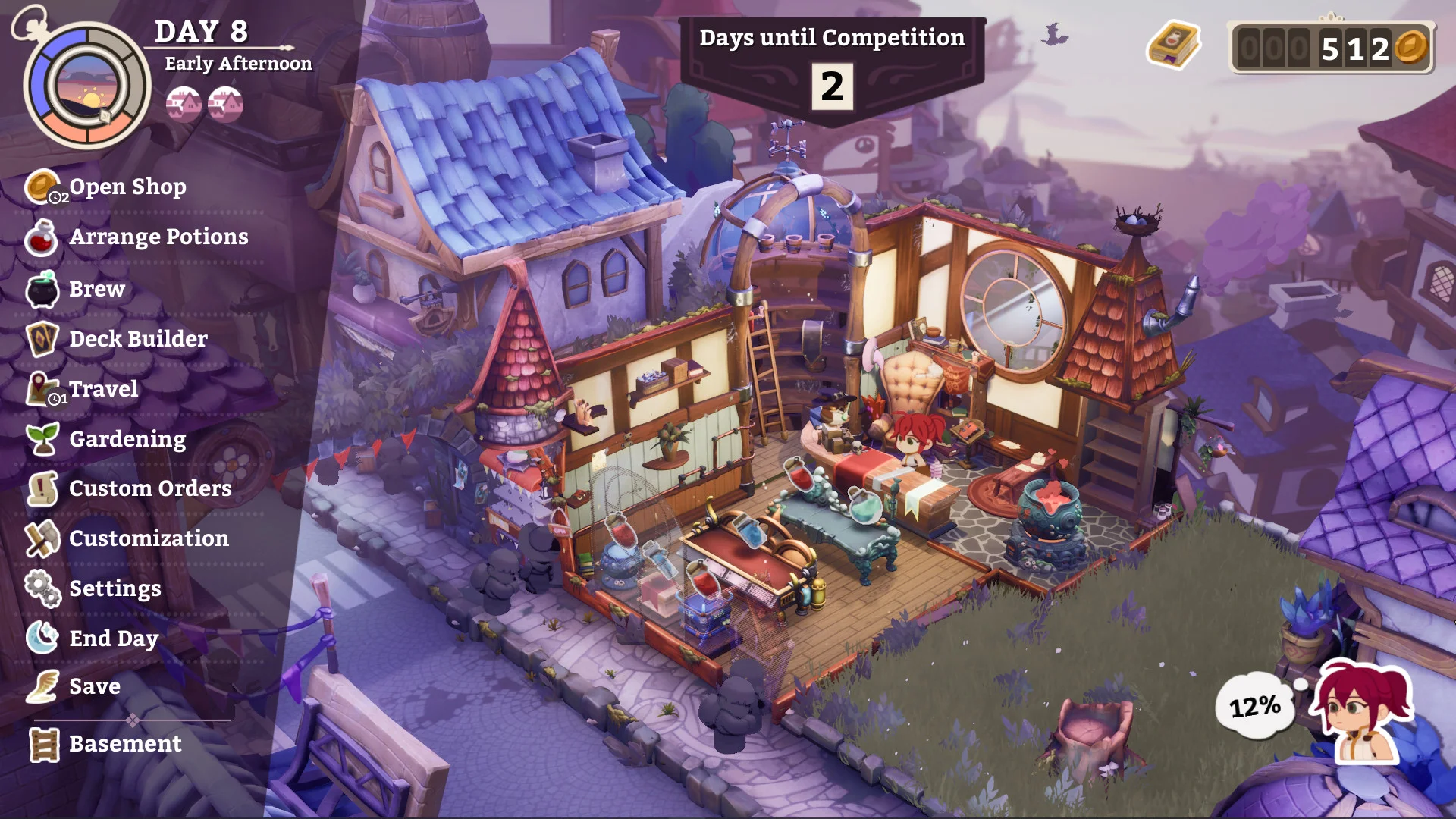 Widok sklepu Potionomics w dniu 8 z menu czynności i dwoma dniami do konkursu