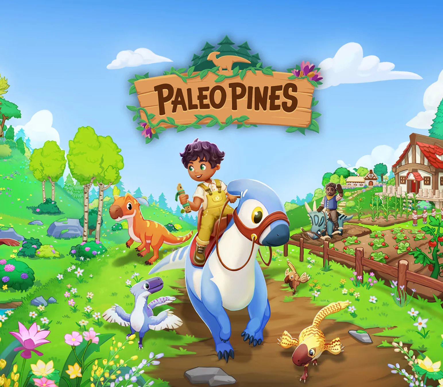 Paleo Pines cover: child on a blue Parasaurolophus with a green flute, ranch and dinos