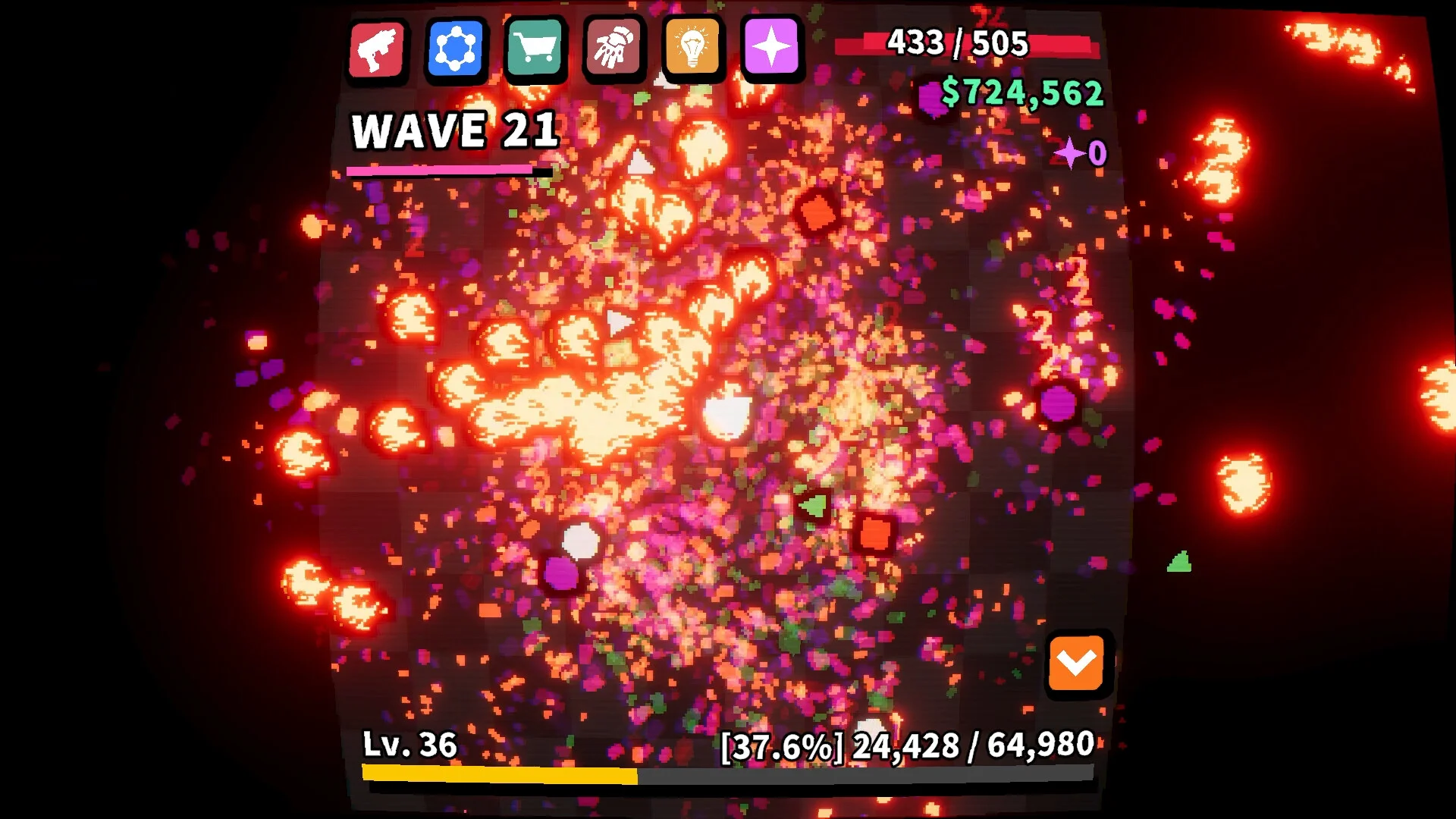 WAVE 21 fireball of pixel enemies, $724,562, Lv. 36, red health bar 433 of 505
