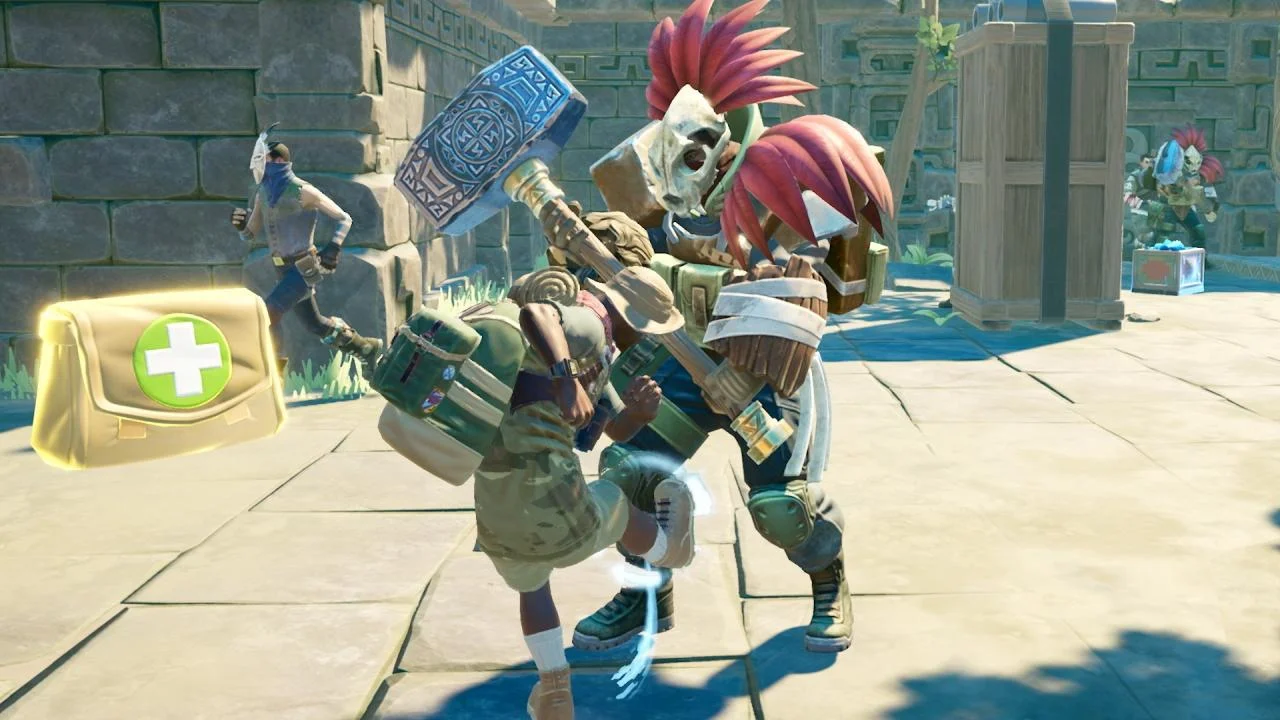 A character with a red headdress leaping beside a green and gold chest.