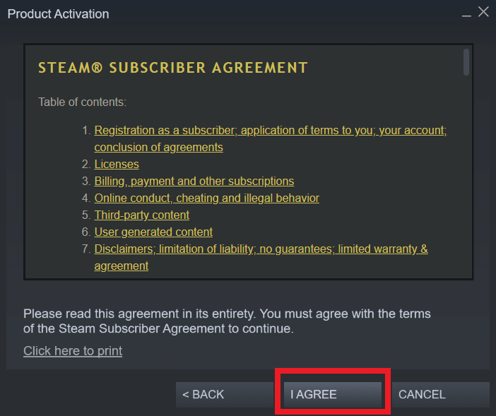 Steam Subscriber Agreement I Agree button