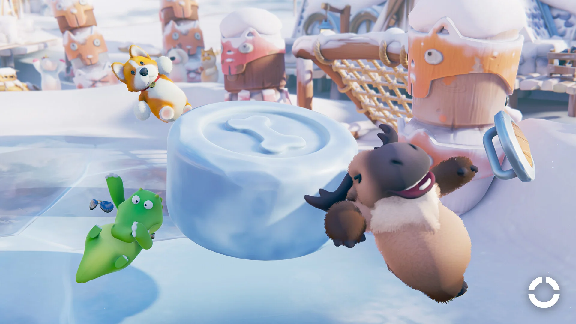 Corgi, dinosaur and moose around a giant ice puck with a bone stamp