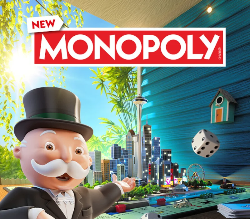 Mr. Monopoly in a top hat presents a 3D city board and a floating die under the NEW MONOPOLY logo