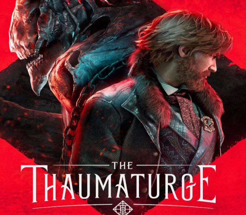 The Thaumaturge US cover: Wiktor’s profile, fur collar, chained teal skull behind the red title