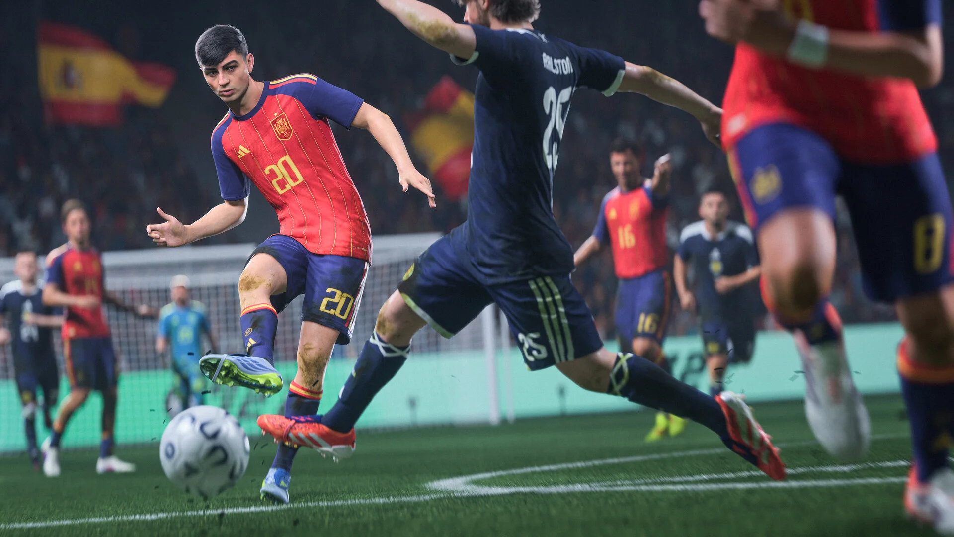 A player in a red Spain shirt numbered 20 dribbles past a dark blue kit on a night pitch