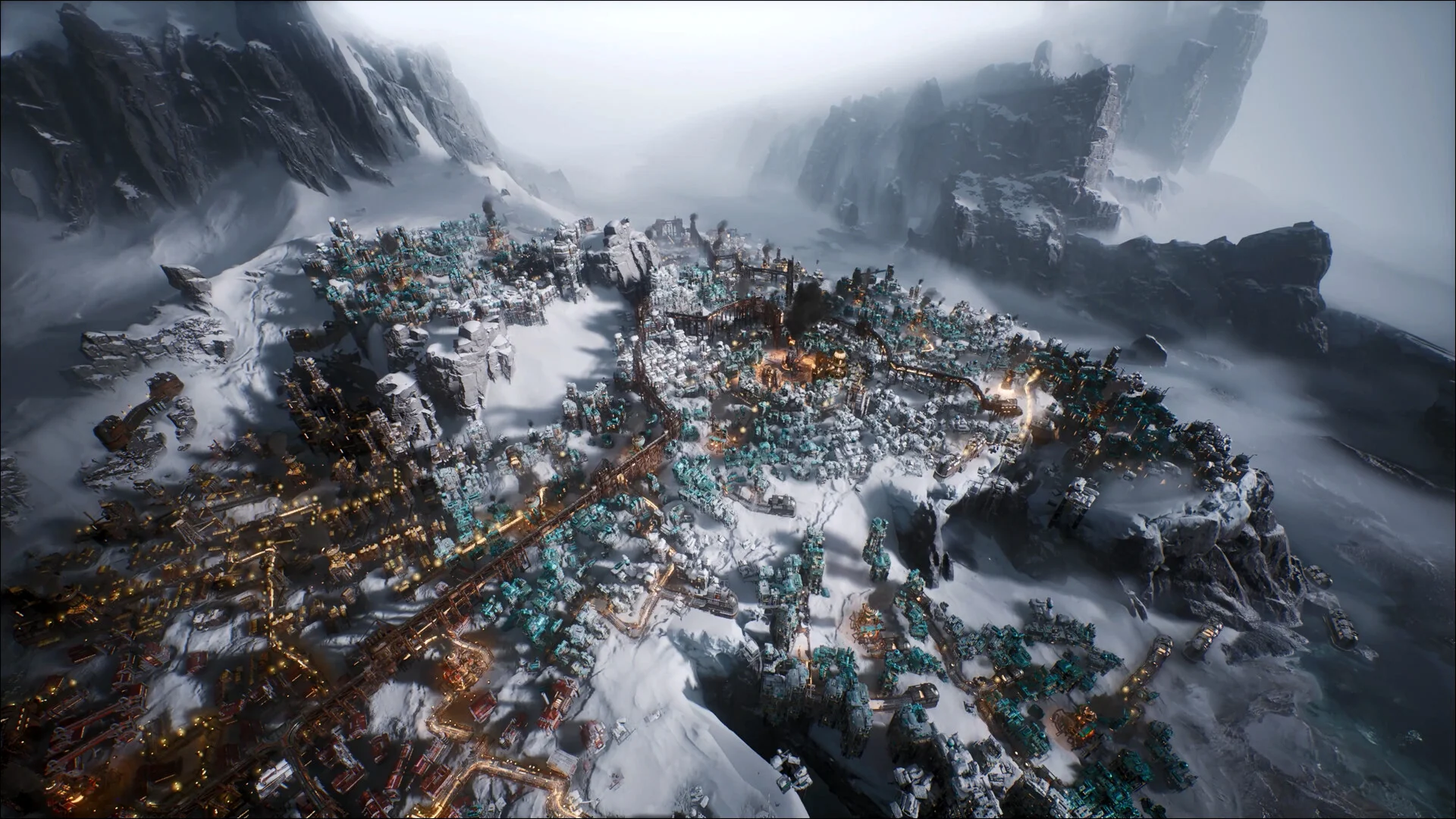 A canyon city of teal roofs and amber streets around a glowing generator in deep snow