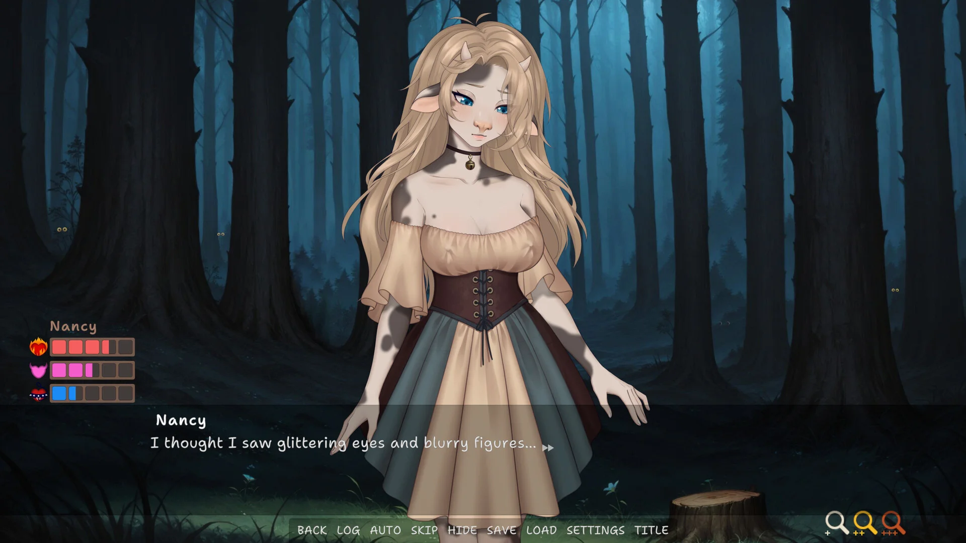 Night forest VN: Nancy in a corset dress, dialogue about glittering eyes and blurry figures