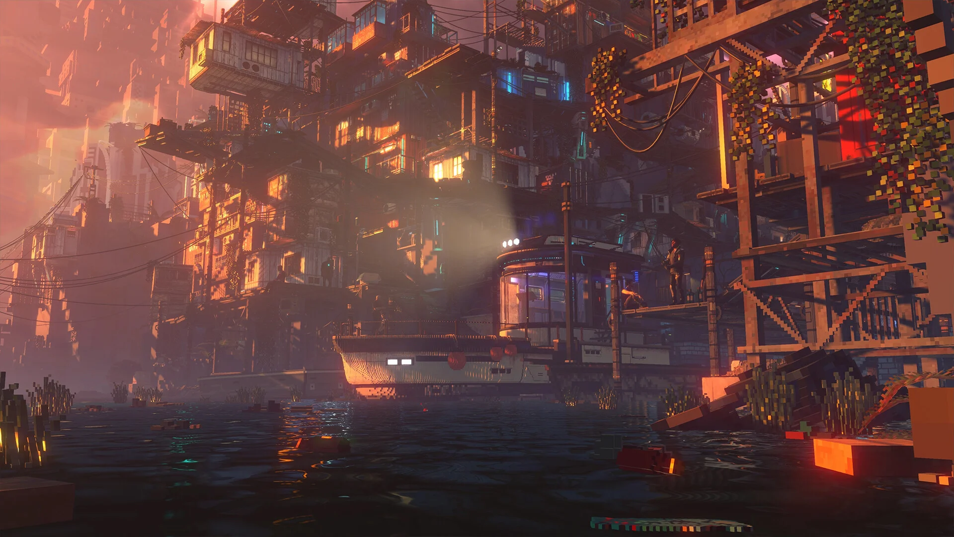 Stacked Nivalis Nights waterfront district glowing at sunset above a moored vessel and dark water