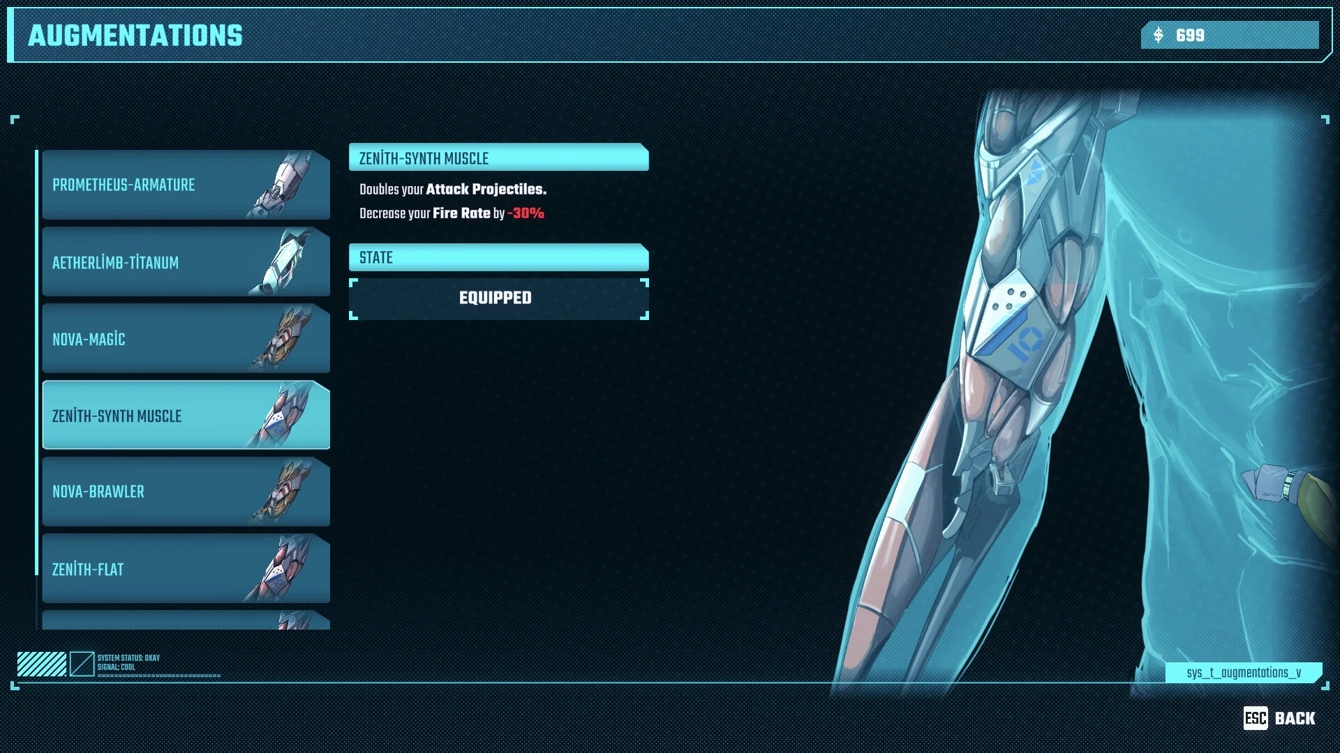 AUGMENTATIONS: Zenith-Synth Muscle equipped, doubles Attack Projectiles, -30% Fire Rate