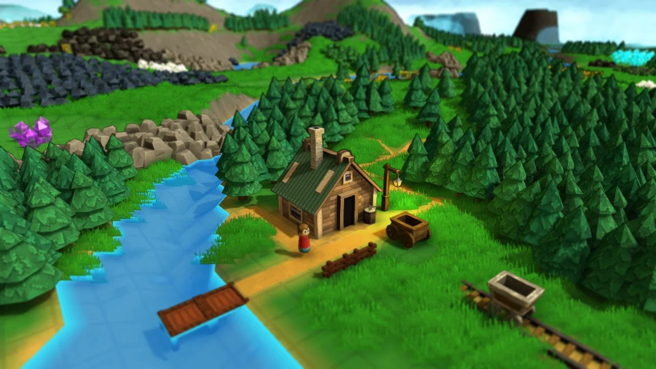 Starter cabin by a river: cart, rail hopper, wooden dock, purple crystal rocks