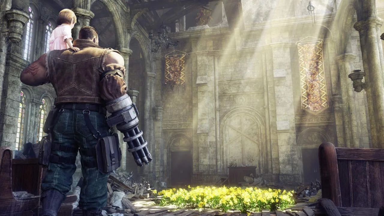 Barret carrying Marlene into a stone church with a bed of yellow flowers