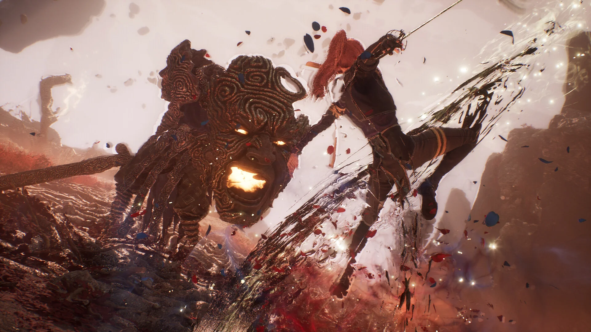 A red-haired fighter swings a rapier at a huge carved mask with glowing eyes