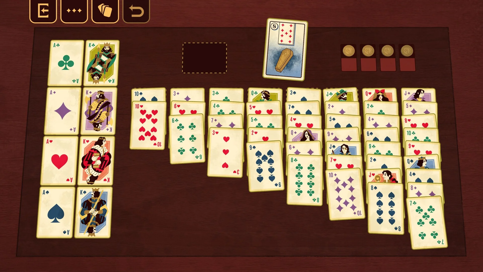 Solitaire tableau: Ace-King columns, coffin 8 of diamonds, four gold coins on a red felt