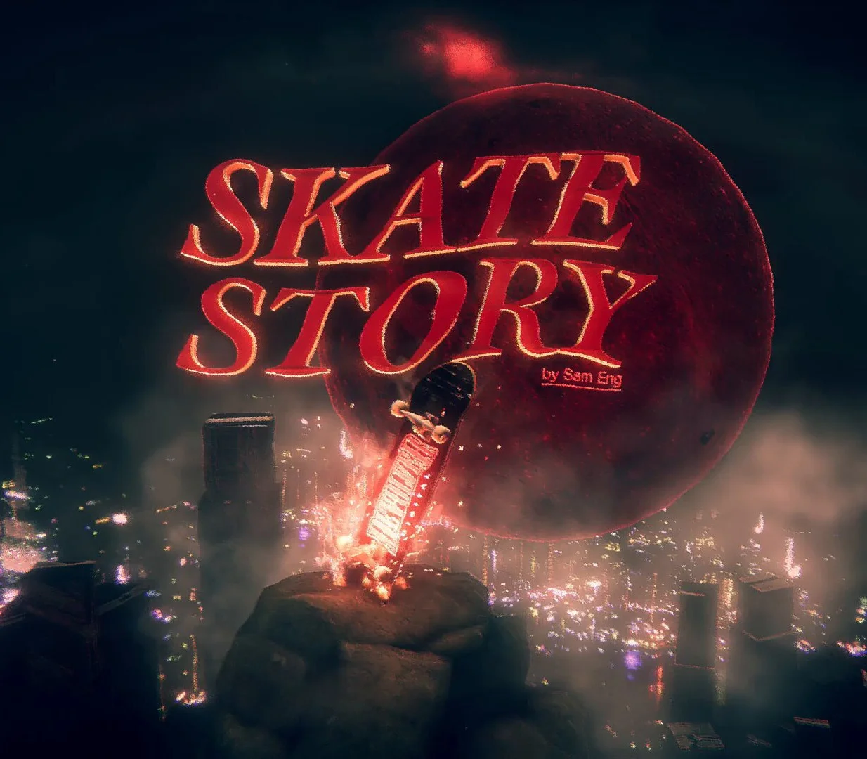 Skate Story title in red over a moon, a burning board, and a city