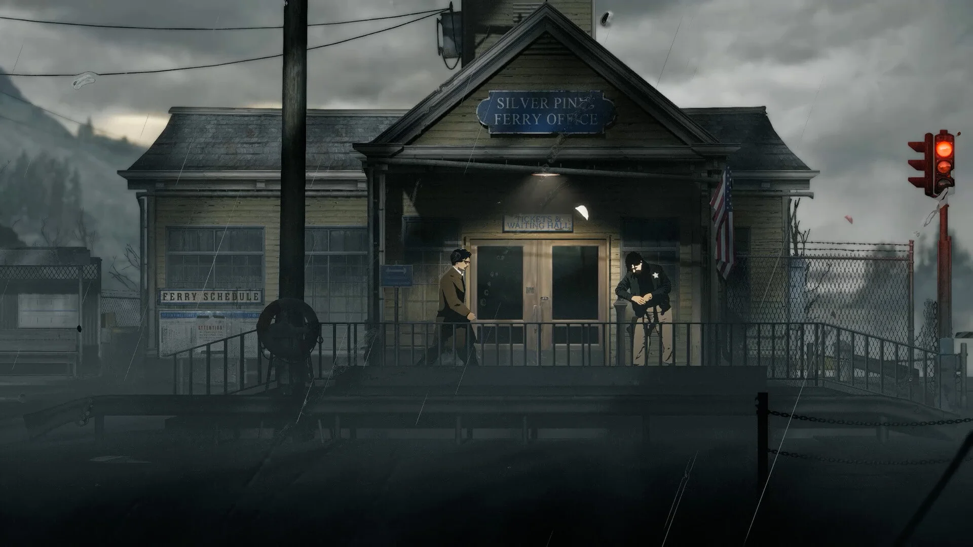 Rainy 2D street: Silver Pines Ferry Office, a man in a tan coat and a sheriff on the porch, red traffic light and ferry schedule board