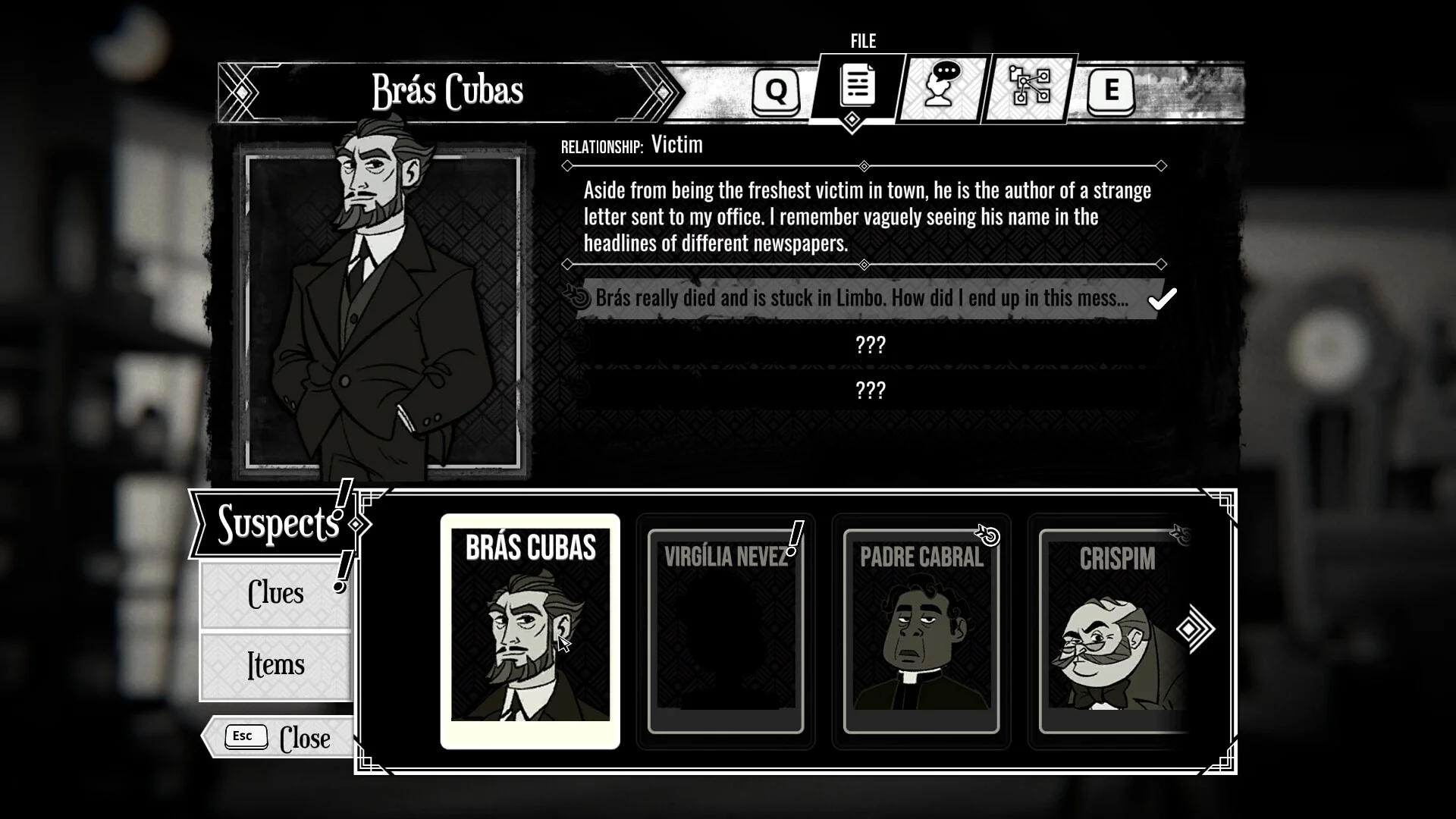 File screen for victim Brás Cubas beside suspect cards for Virgília Nevez, Padre Cabral and Crispim