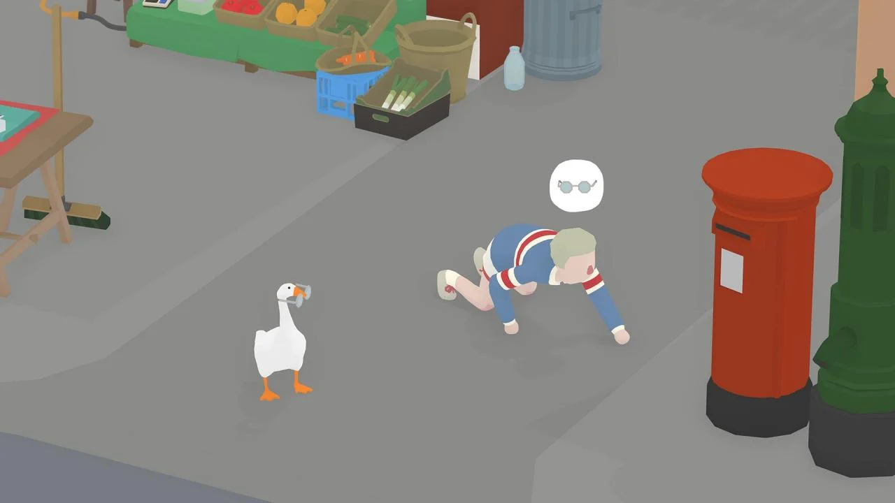 The goose crosses a street near a red postbox while a man in a striped shirt bends down.