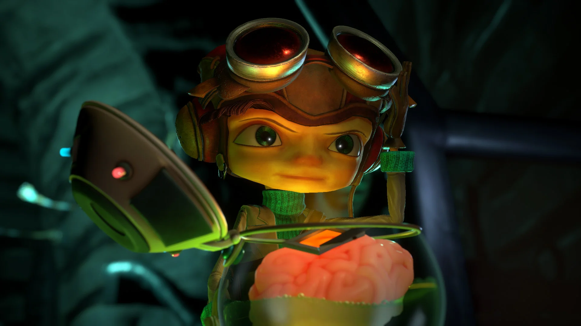 Raz looks down at a brain inside an open glass helmet