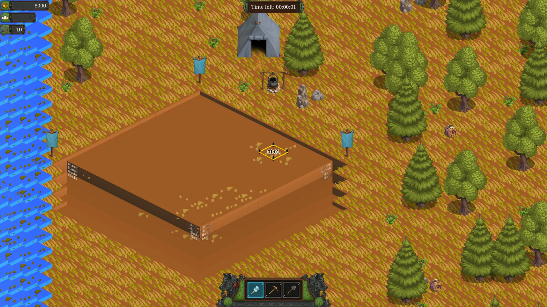 Forest camp dig pit, grey tent, blue flags, Time left 00:00:01, blue water along the left edge