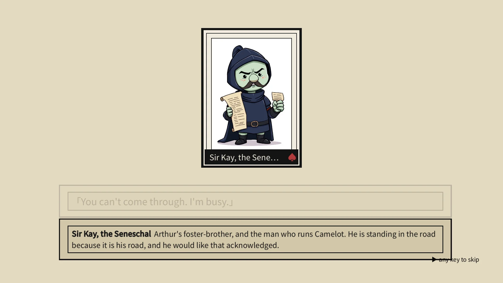 Sir Kay the Seneschal character card above an Arthurian dialogue panel