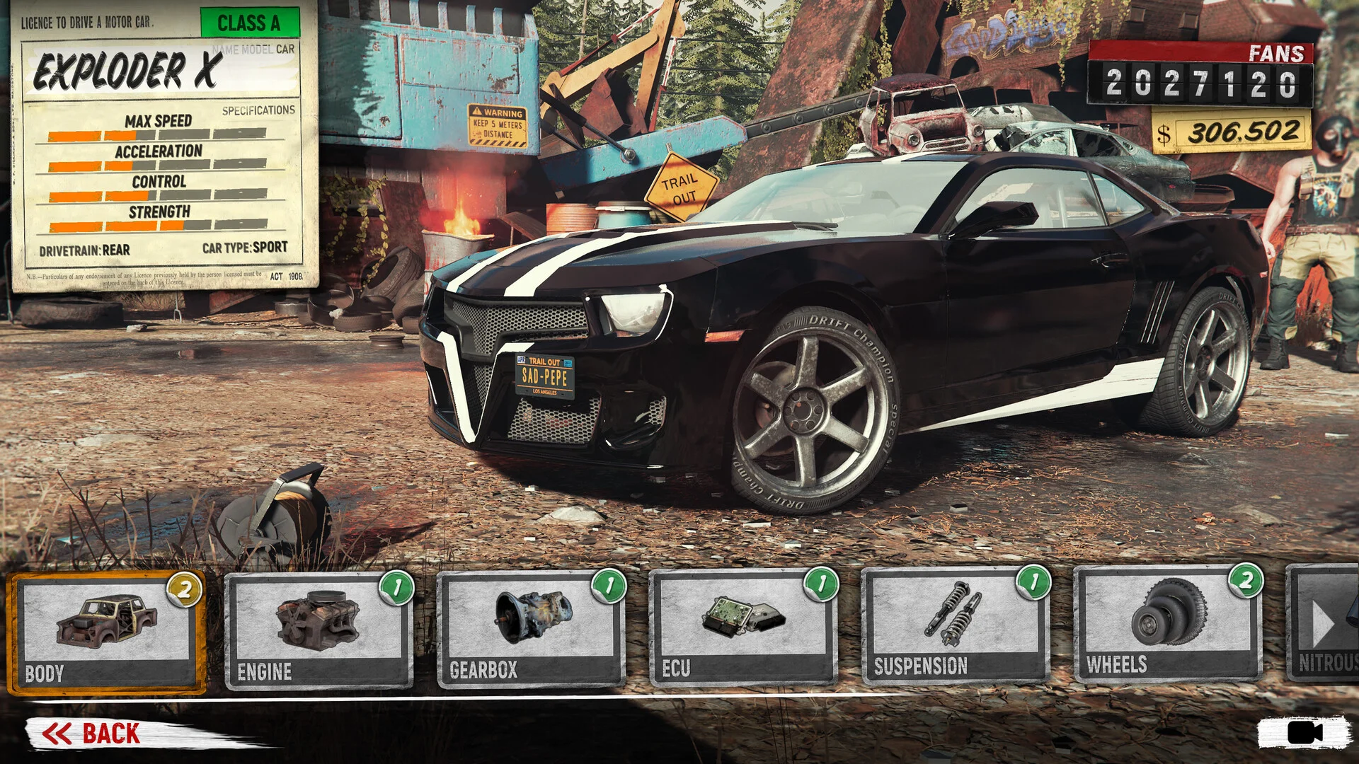 Garage EXPLODER X Class A, black coupe plate SAD-PEPE, BODY ENGINE GEARBOX ECU SUSPENSION WHEELS, FANS 2027120