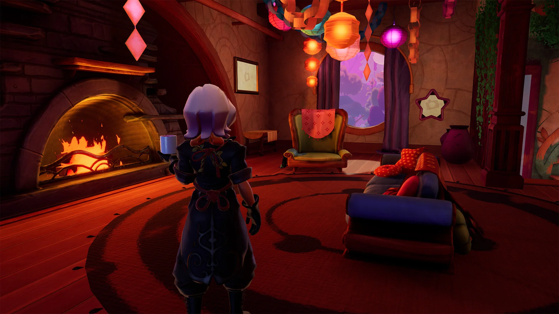 Alta holds a mug in a firelit sitting room with an armchair, sofa, paper lanterns and a window on the purple forest