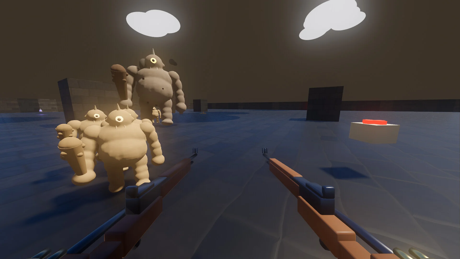 Angel Told Me dual rifles facing clay golems and a red floor button
