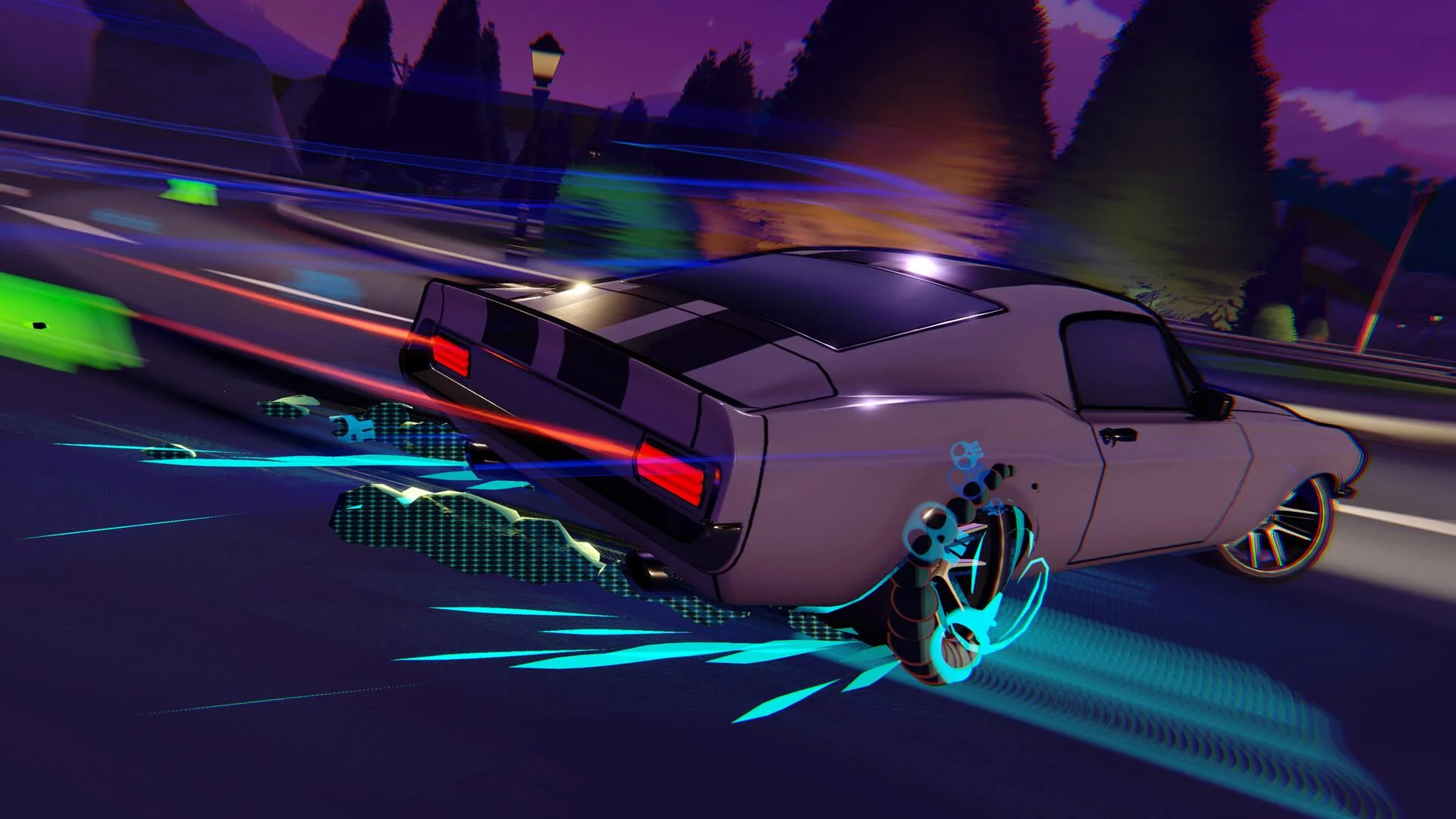 Muscle car drifting through a purple street with blue tire effects