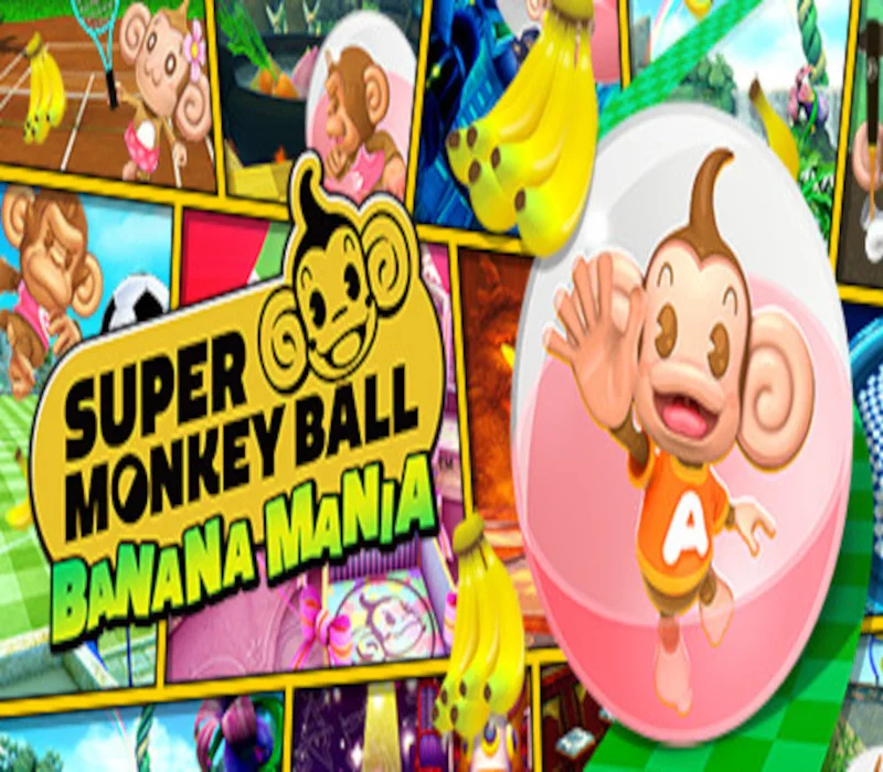 Cover art for Super Monkey Ball Banana Mania with a monkey in a ball and bananas.