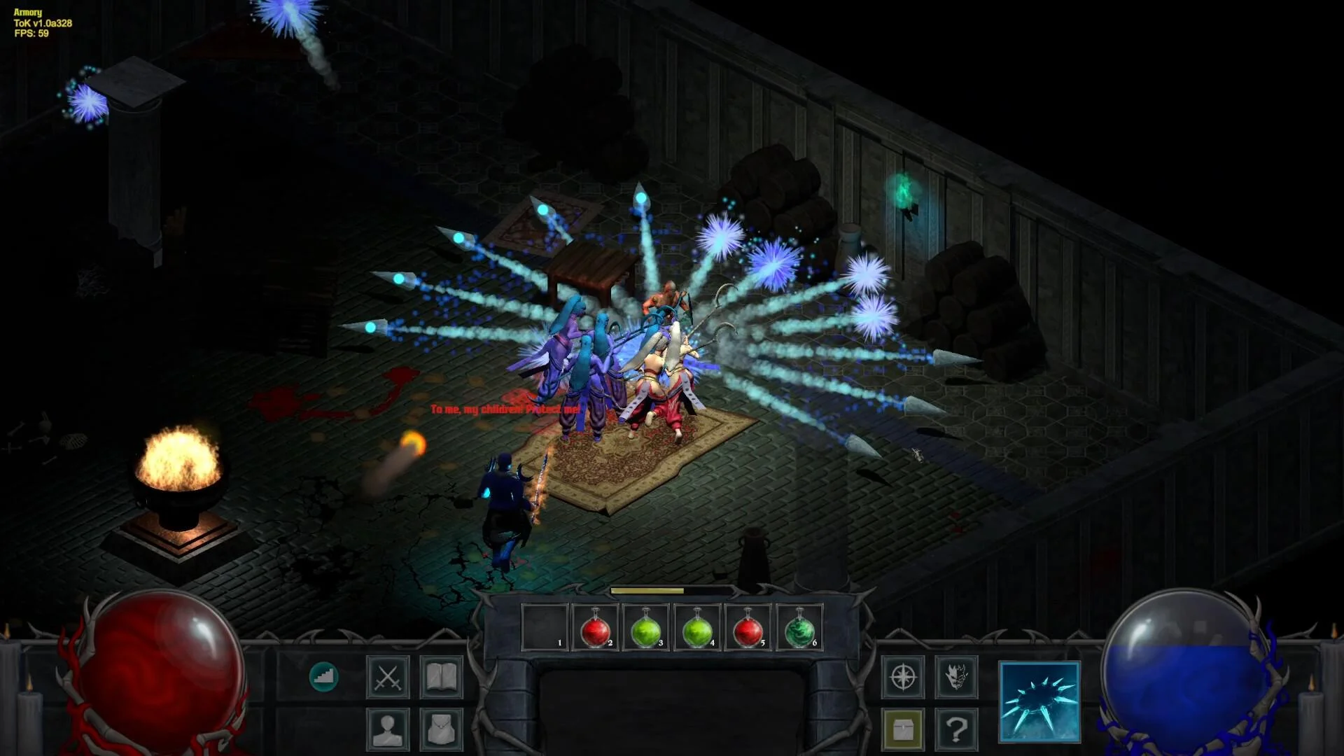 Blue spell bursts radiating from winged figures on a rug while a hooded caster stands near a brazier
