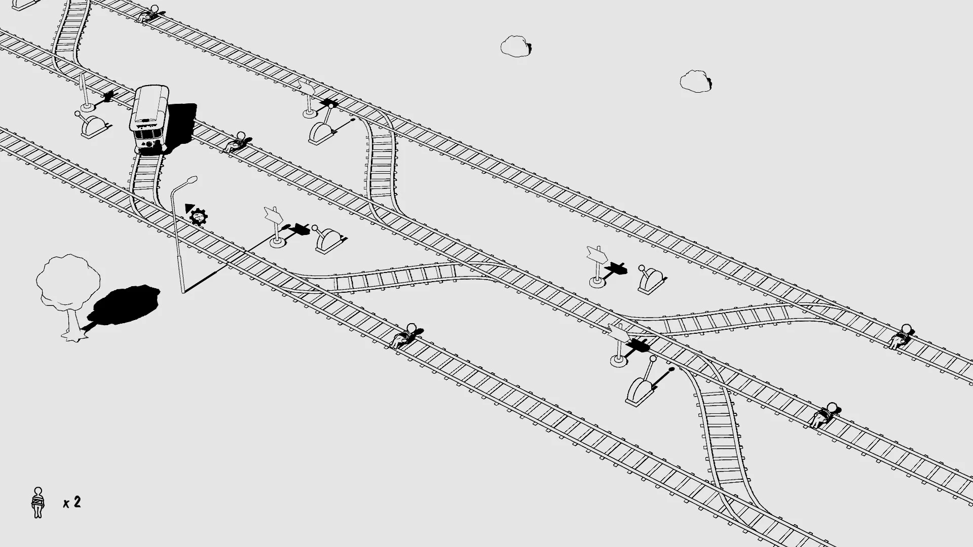 Isometric map of crossing rails, switches, street lamps and a lone trolley, stick figures tied on several branches, x2 lives