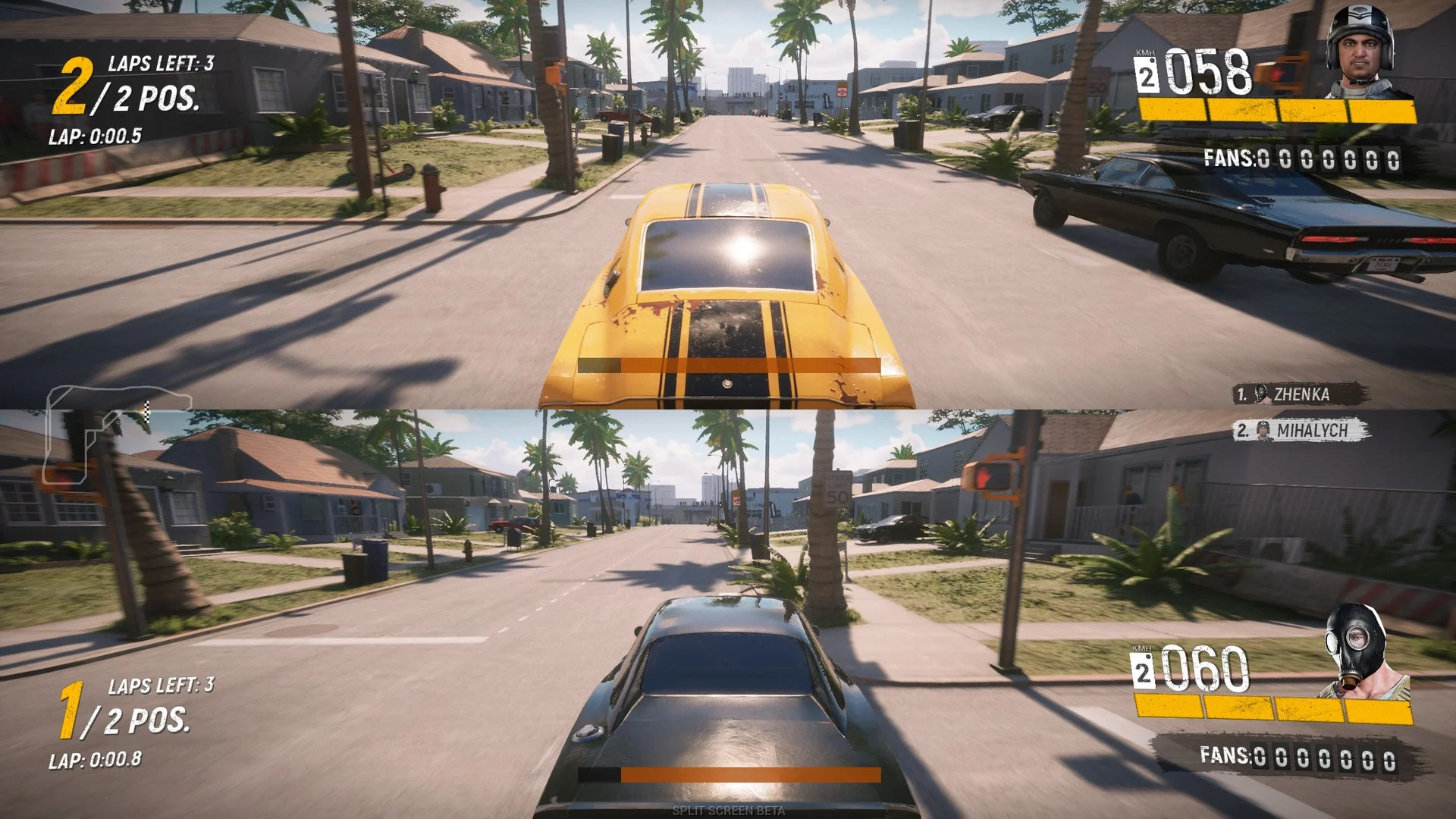 Split-screen beta, yellow coupe versus black muscle on a palm street, LAPS LEFT 3, ZHENKA and MIHALYCH, FANS 0