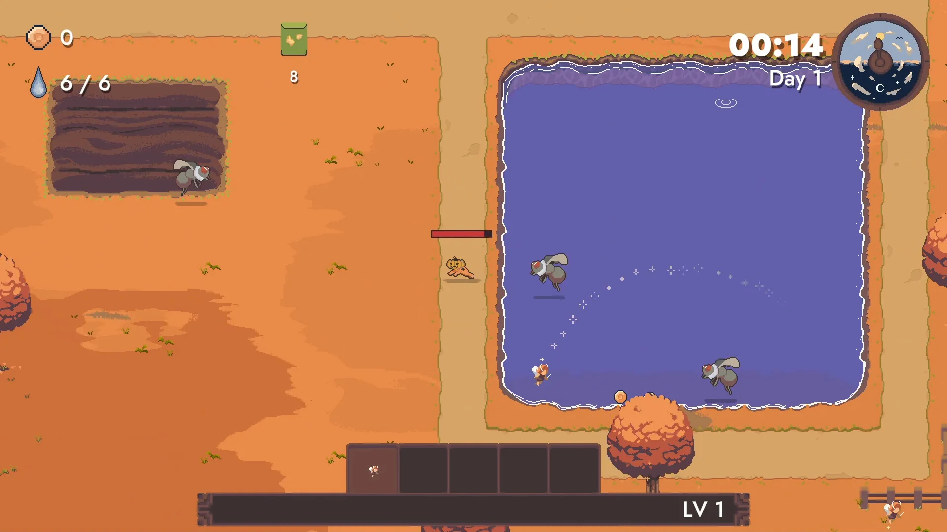 Day 1 pond: orange desert, two grey fish-birds over purple water, LV 1, 00:14