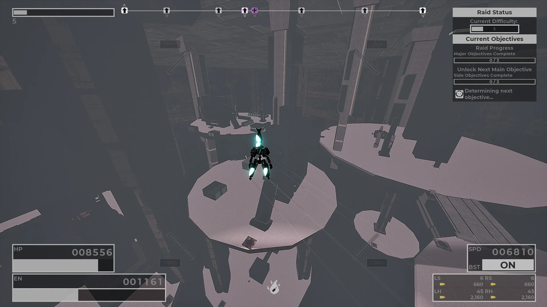 Teal-legged mech over circular platforms, Raid Status difficulty 3, HP 008556, objectives 0/3