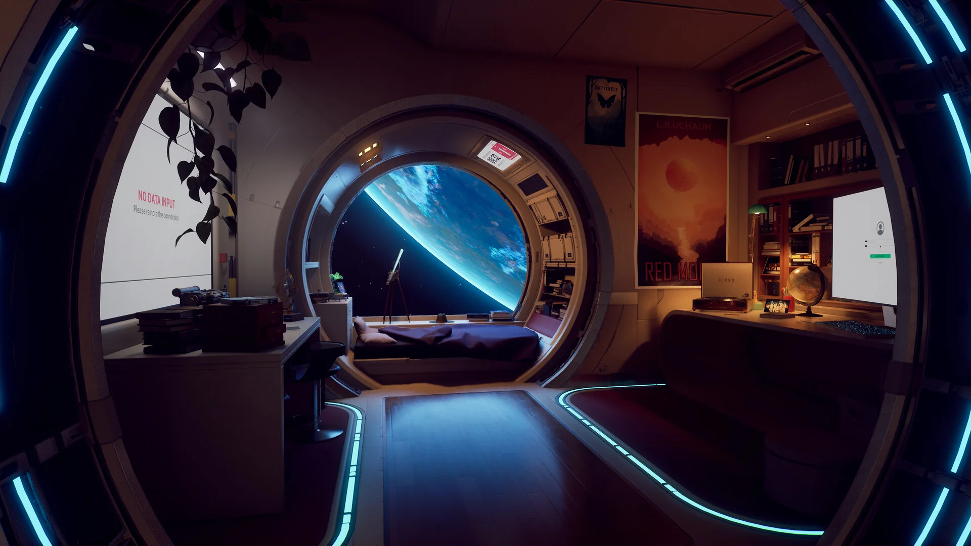 Cabin with Earth in a round window, NO DATA INPUT screen, L.RUCHAUN RED MOON poster and a bed