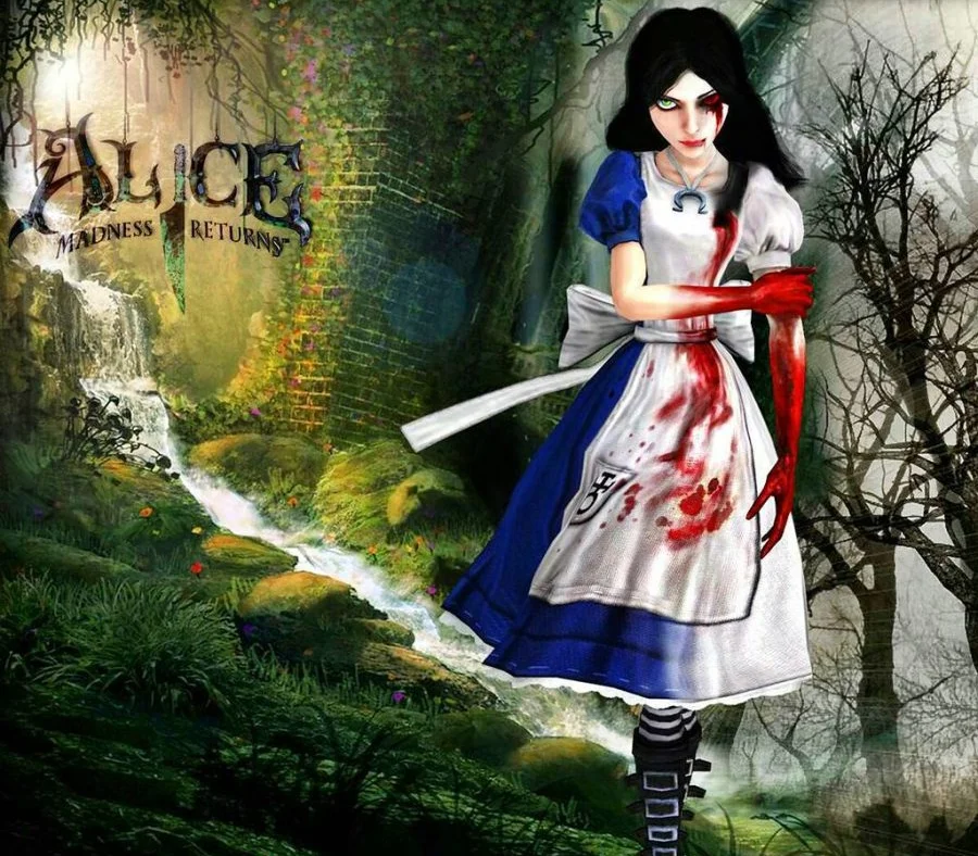 Alice in a stained blue dress standing in a bare forest.