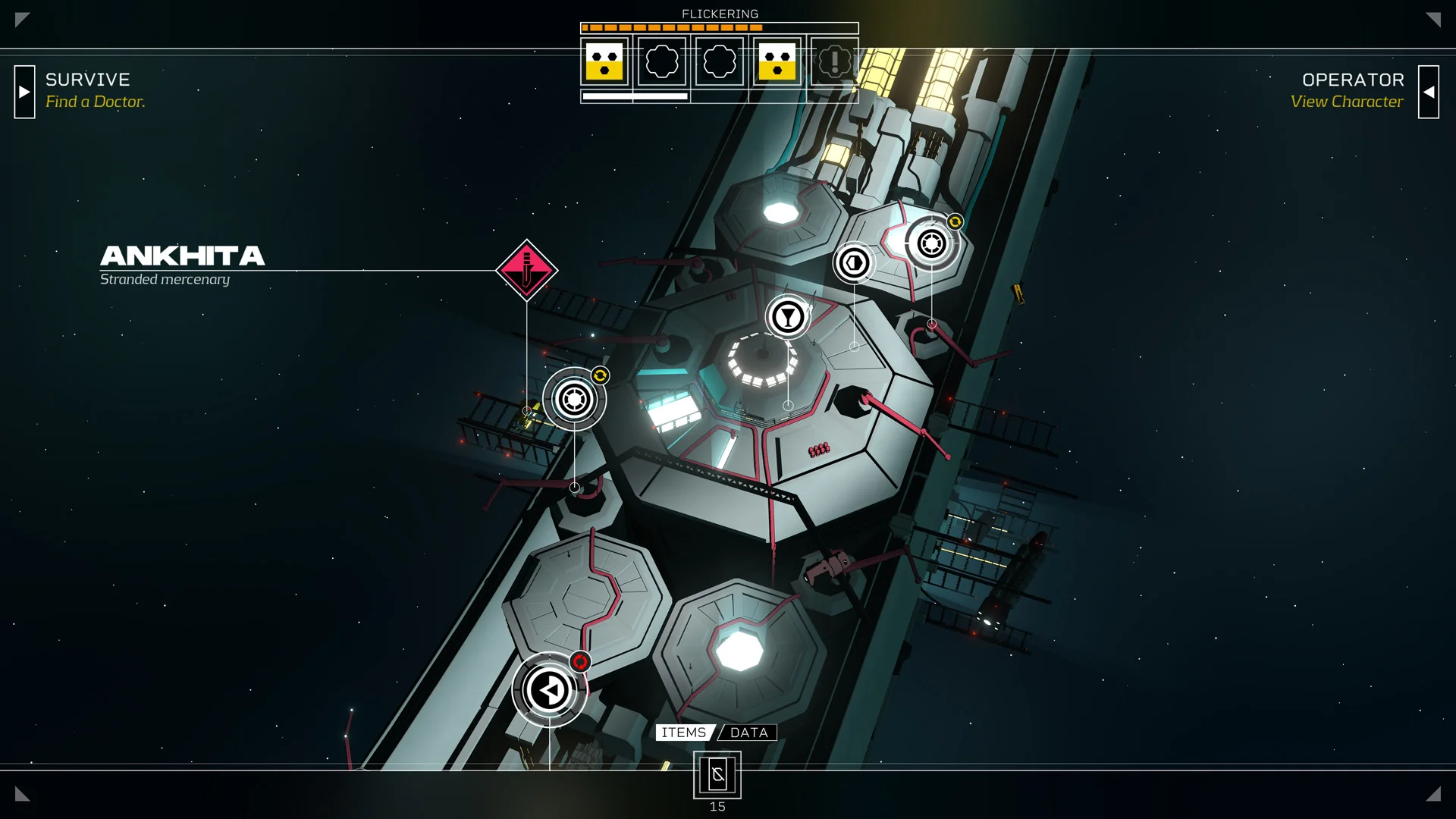 Top-down Erlin’s Eye map: Ankhita stranded mercenary pin, Survive Find a Doctor, flickering condition