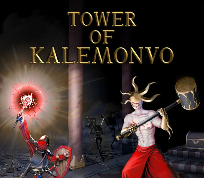 Armoured fighter raising a red spell and shield beside a horned demon with a dripping hammer under the gold Tower of Kalemonvo title